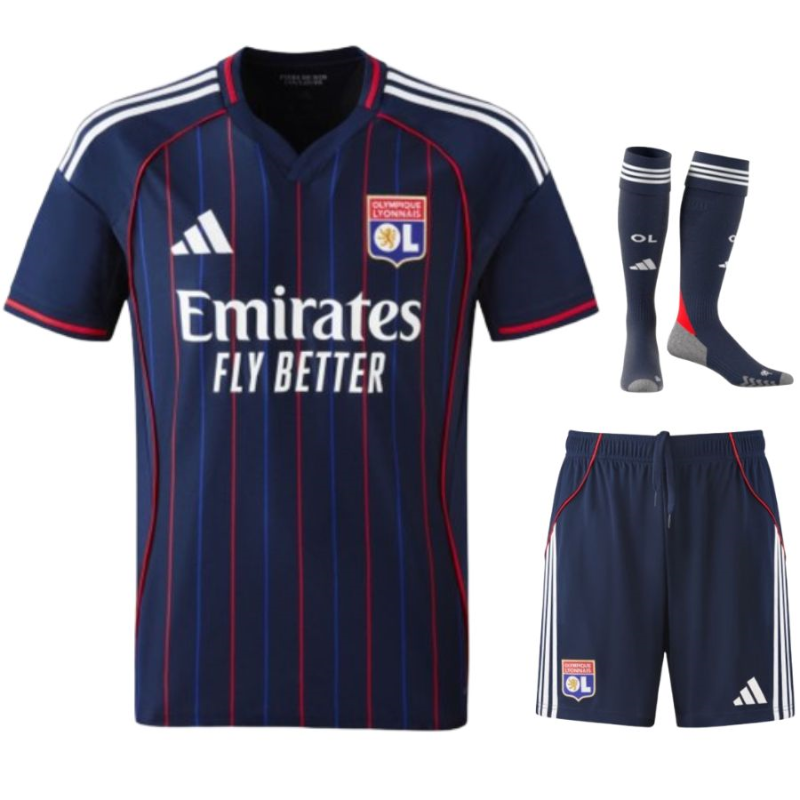 Completo Ufficiale OL Lione 2025-2026 Bambini – Maglia Trasferta Blu con Dettagli Rossi e Blu